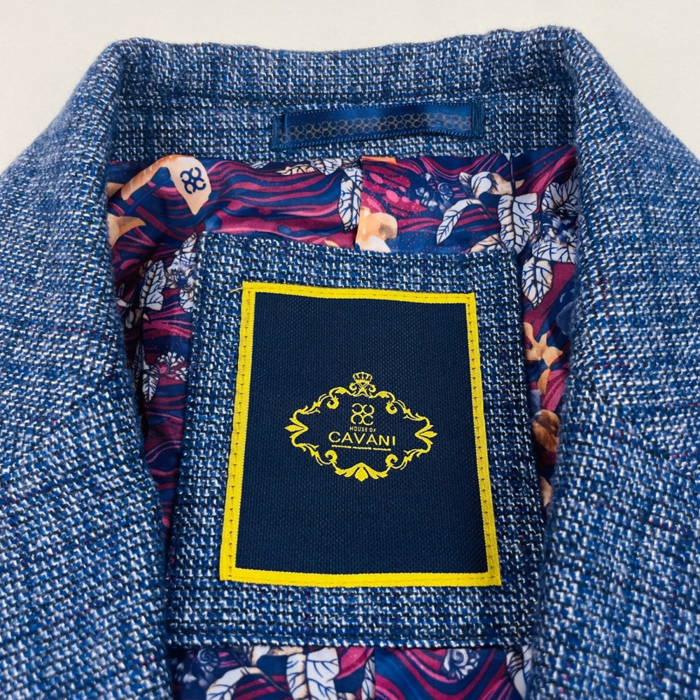 House of Cavani Mens Blue Textured Tweed Blazer Jacket UK 40R Floral Lining - Picture 5 of 13